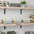GoHooked black metal farmhouse pantry organizer baskets with handles, holding boxes of food on a shelf.