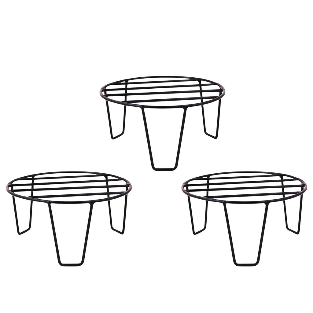 GoHooked black metal round plant pot stands (Pack of 3) with slatted tops and curved legs.
