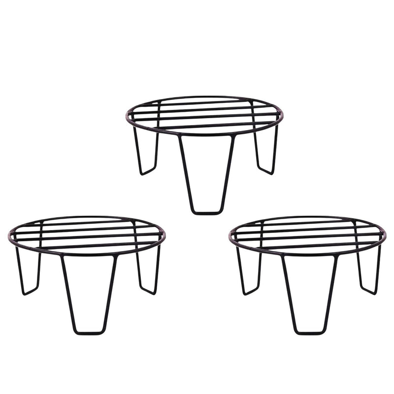 GoHooked black metal round plant pot stands (Pack of 3) with slatted tops and curved legs.