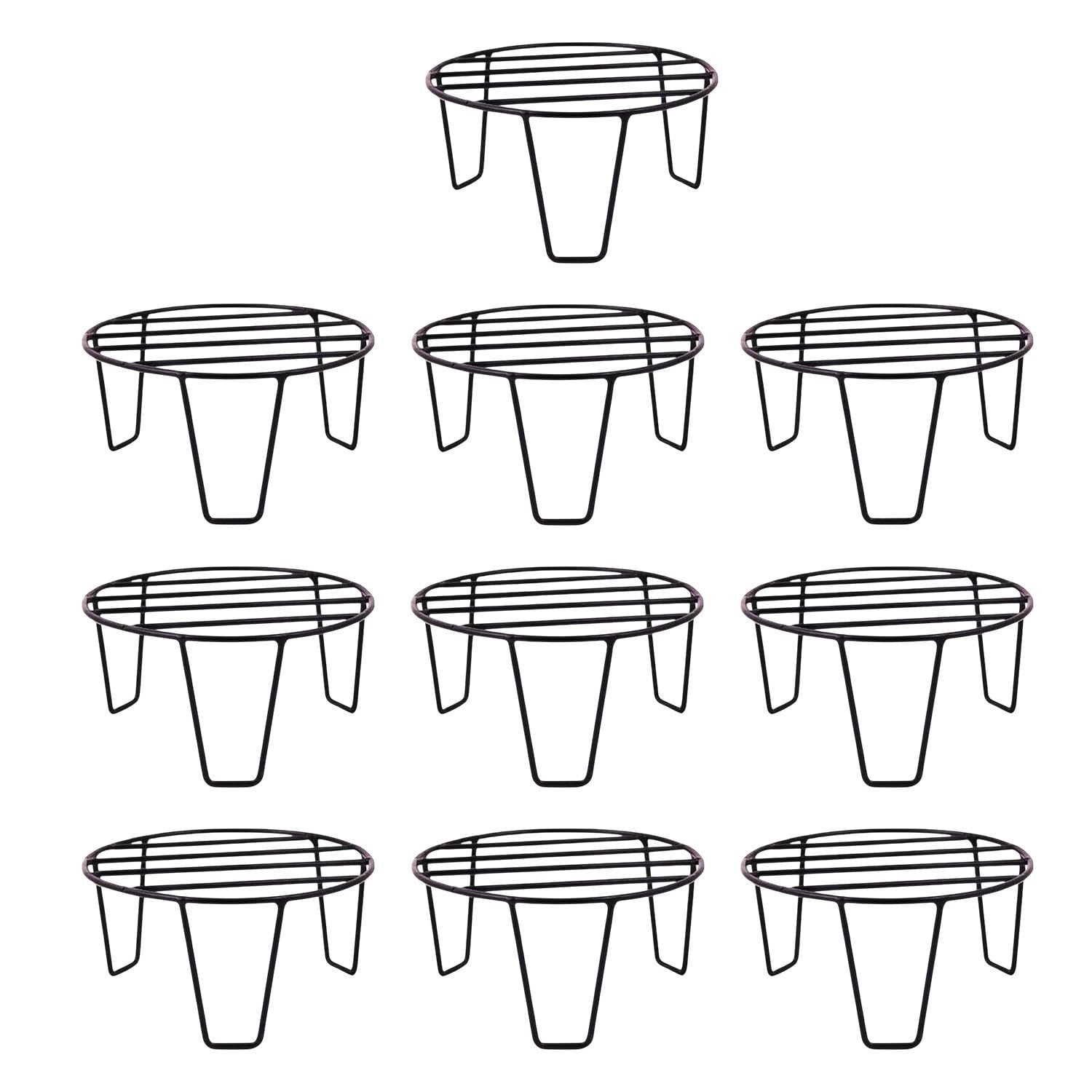 GoHooked black metal round plant pot stands, pack of 10. Sturdy, rust-proof, no assembly required.
