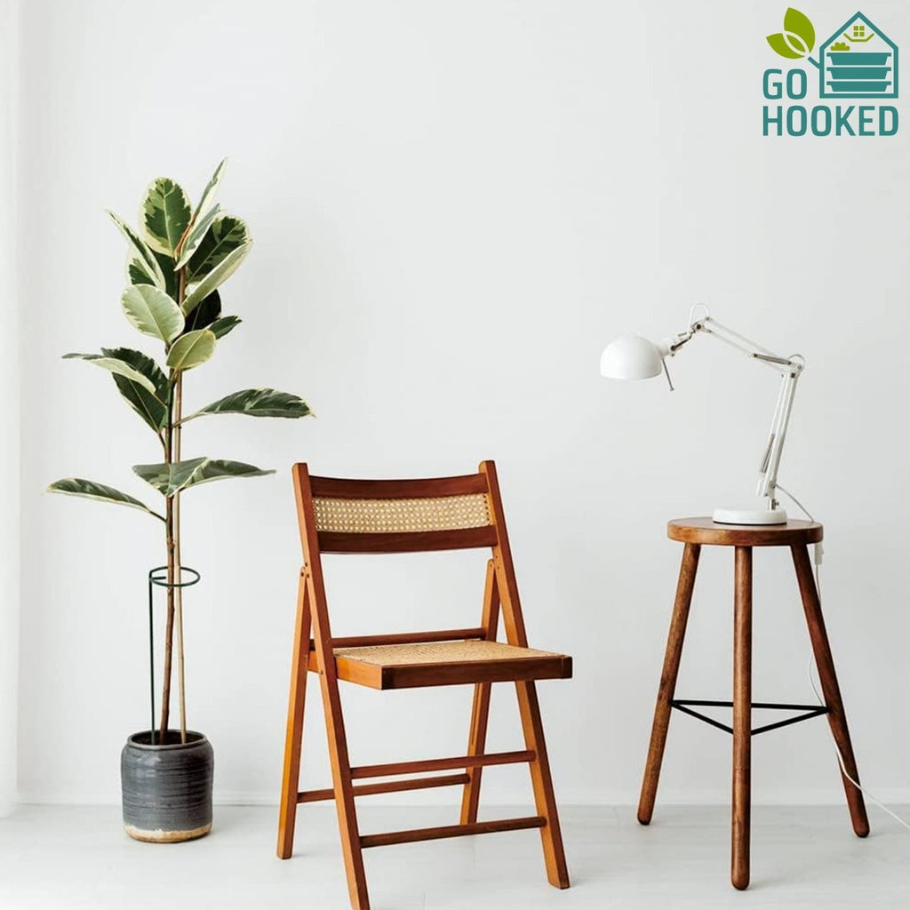 GoHooked 16-inch black powder-coated steel plant support stake holding a variegated rubber plant in a grey pot.