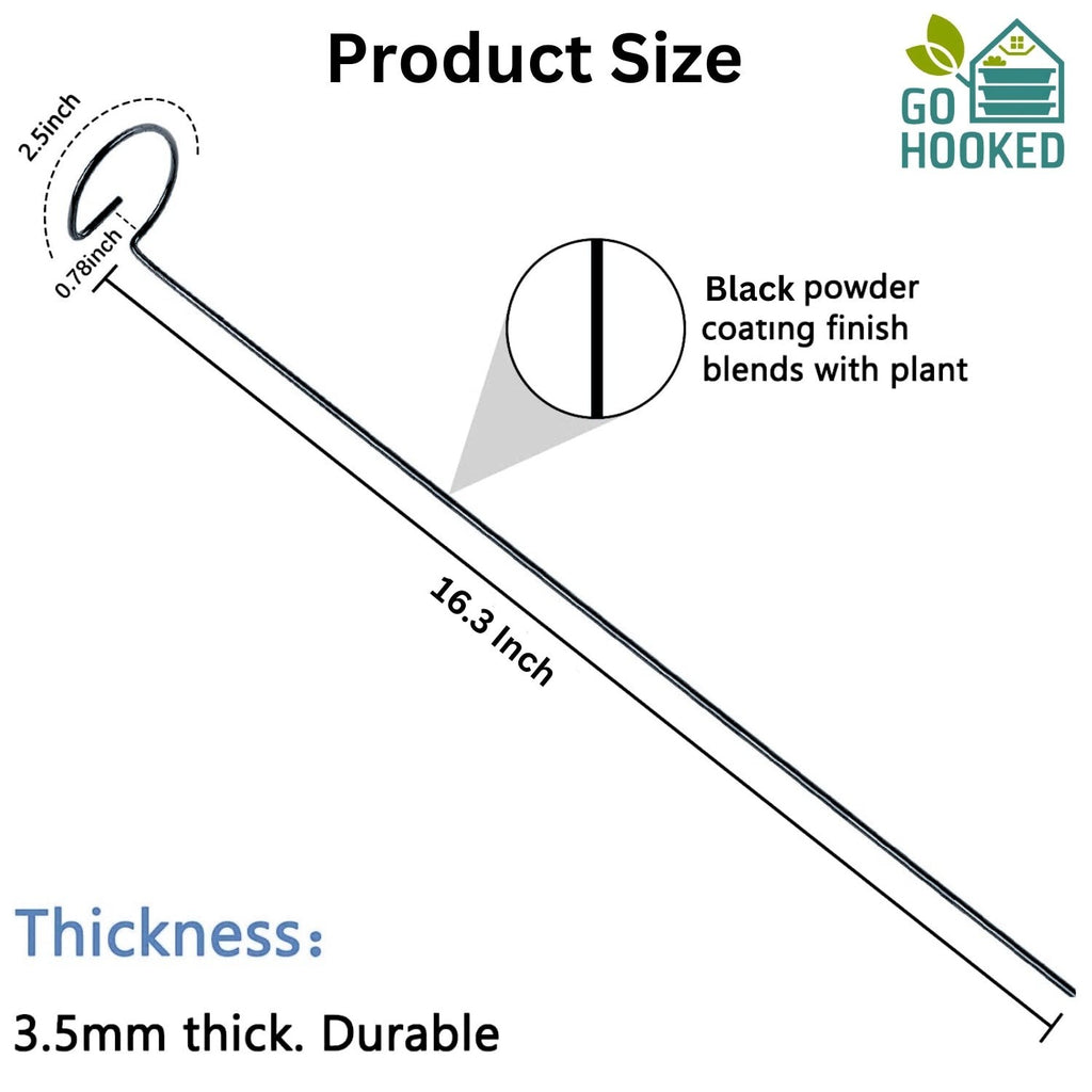 GoHooked 16-inch black powder-coated steel plant support stake with loop top for single-stem flowers and vegetables.