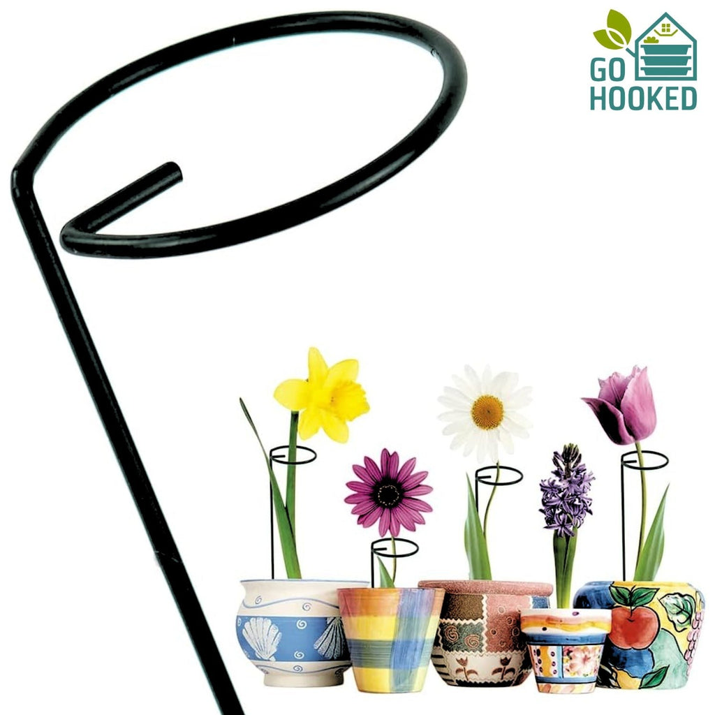 GoHooked 16-inch black powder-coated steel plant support stakes for flowers and single-stem plants in decorative pots.
