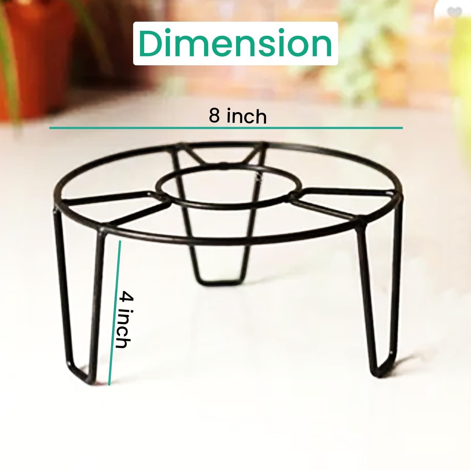 GoHooked black metal flower pot stand, 8 inch diameter, 4 inch height, rust-proof, no assembly required