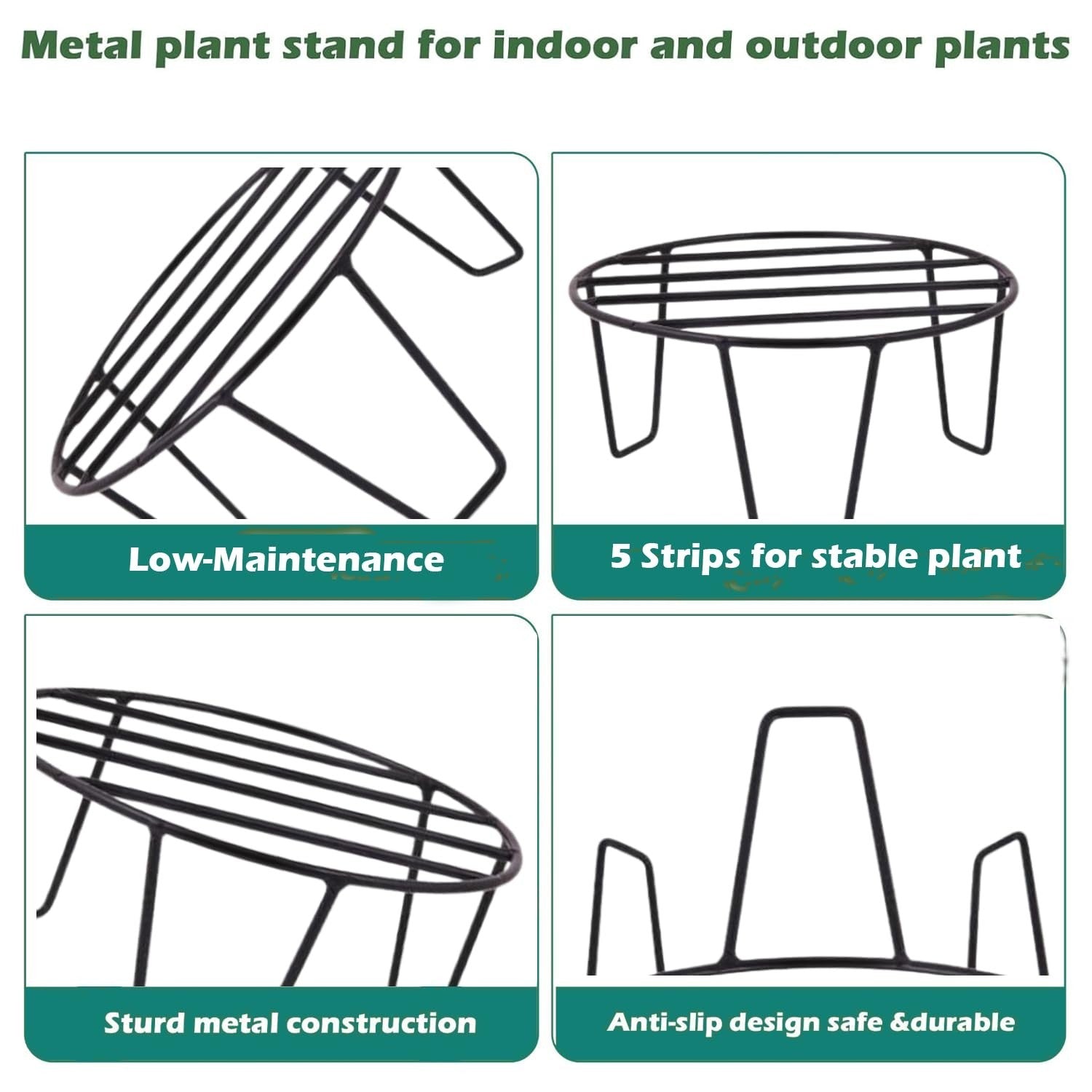GoHooked black metal plant stand, 8-inch diameter, sturdy, rust-proof, no assembly required, for indoor/outdoor use.