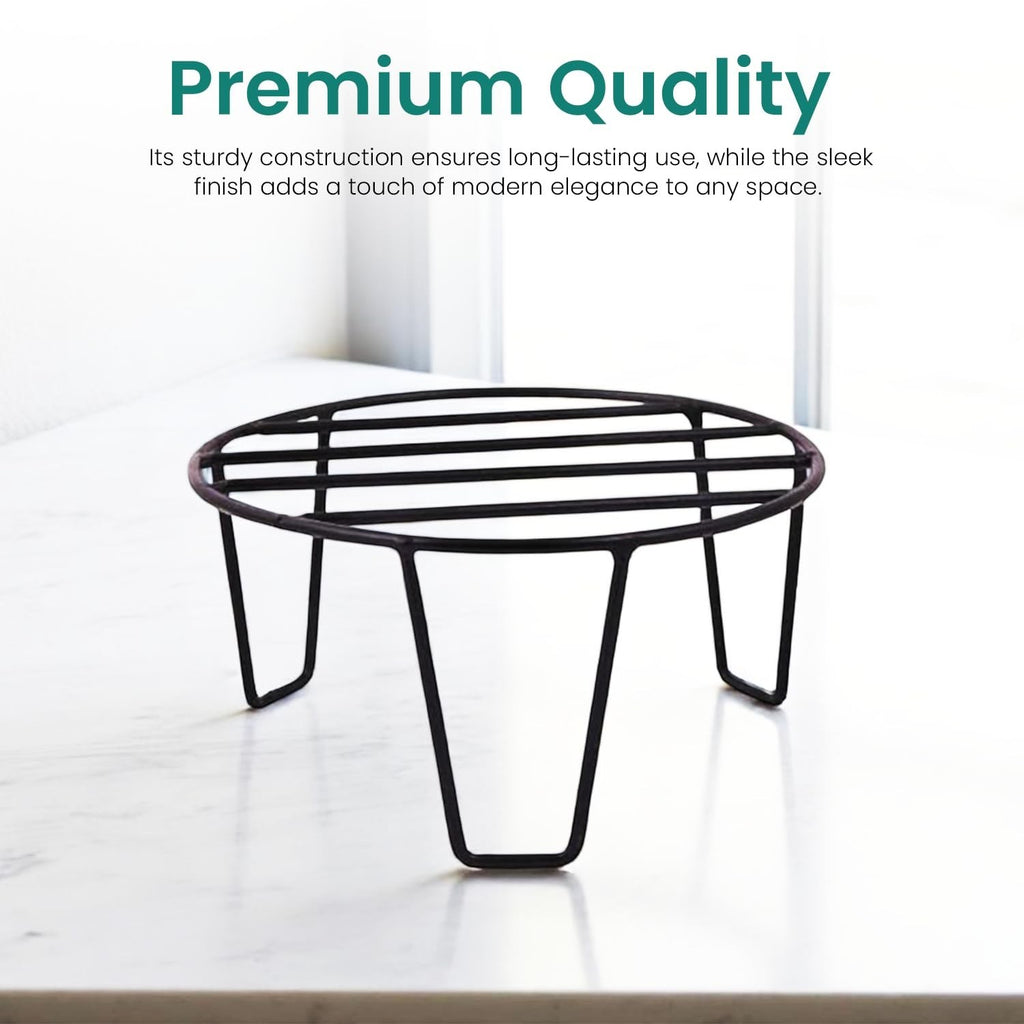 GoHooked black metal round plant stand, 8 inches diameter, for indoor or outdoor use.