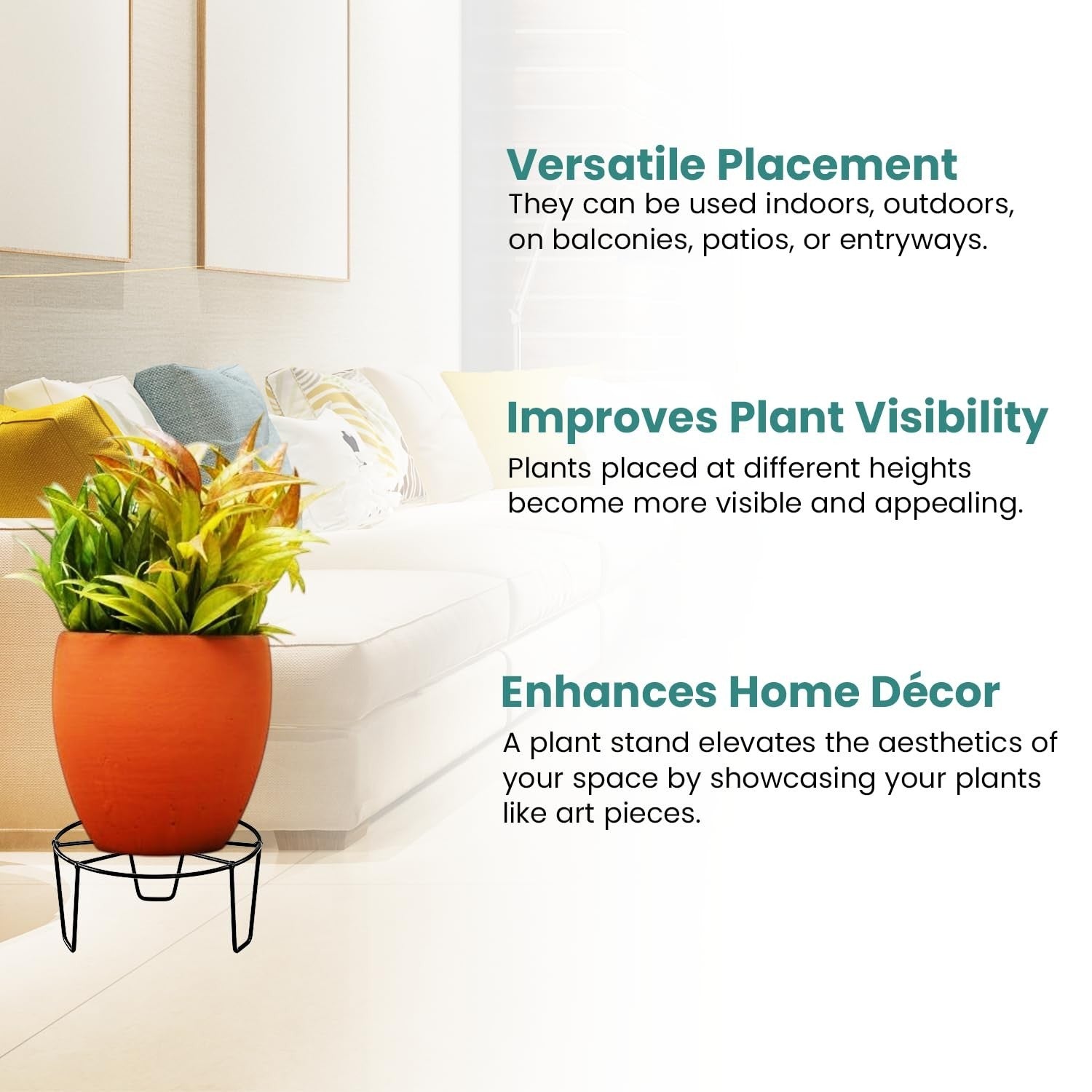 GoHooked black metal plant stand holding an orange pot with a green plant, perfect for balconies and living rooms.