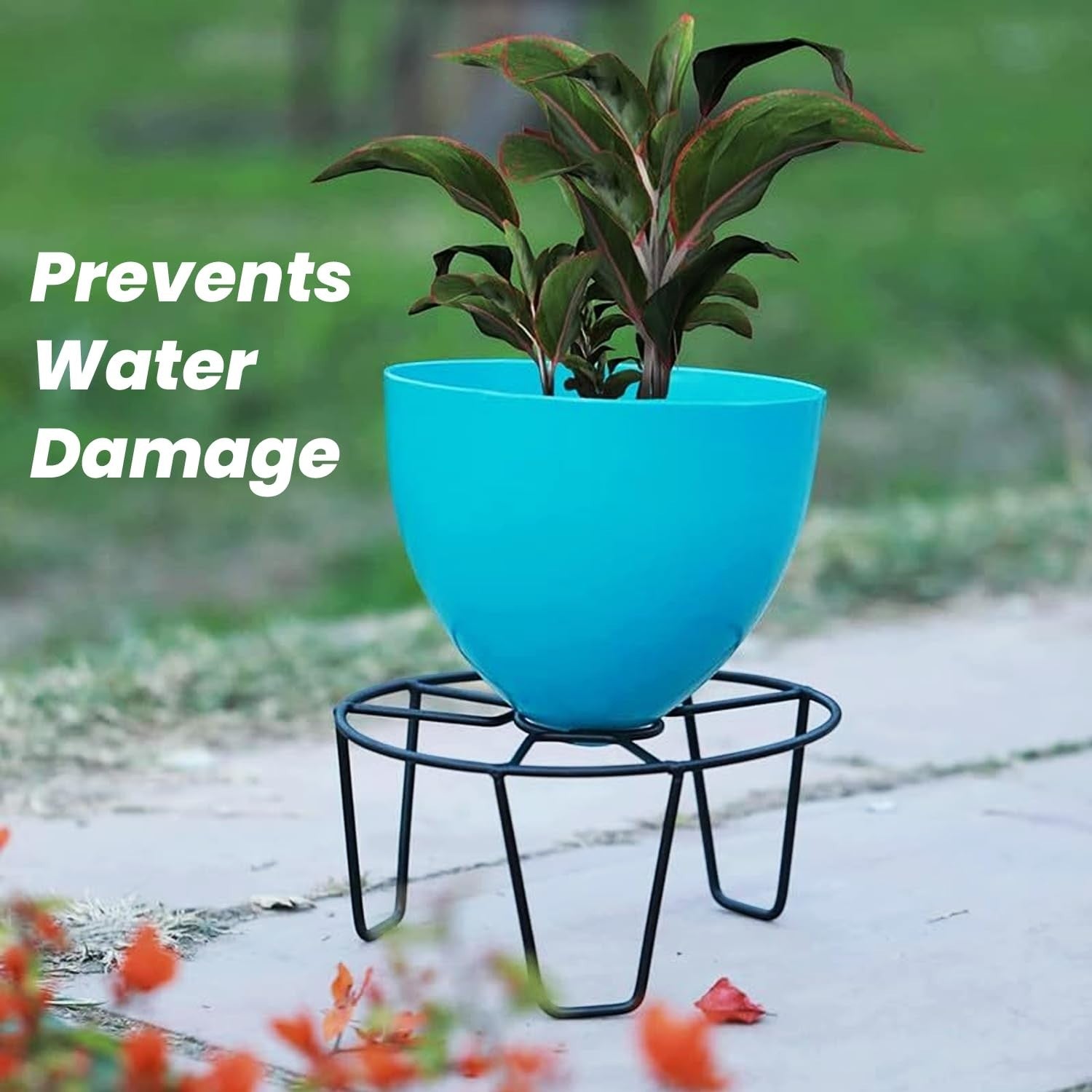 GoHooked black metal plant stand holding a blue pot with a plant. Ideal for indoor or balcony use.