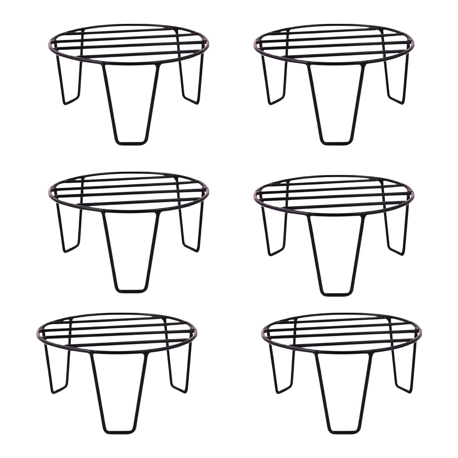 GoHooked black metal round plant stand with a slatted top and three legs, pack of 12