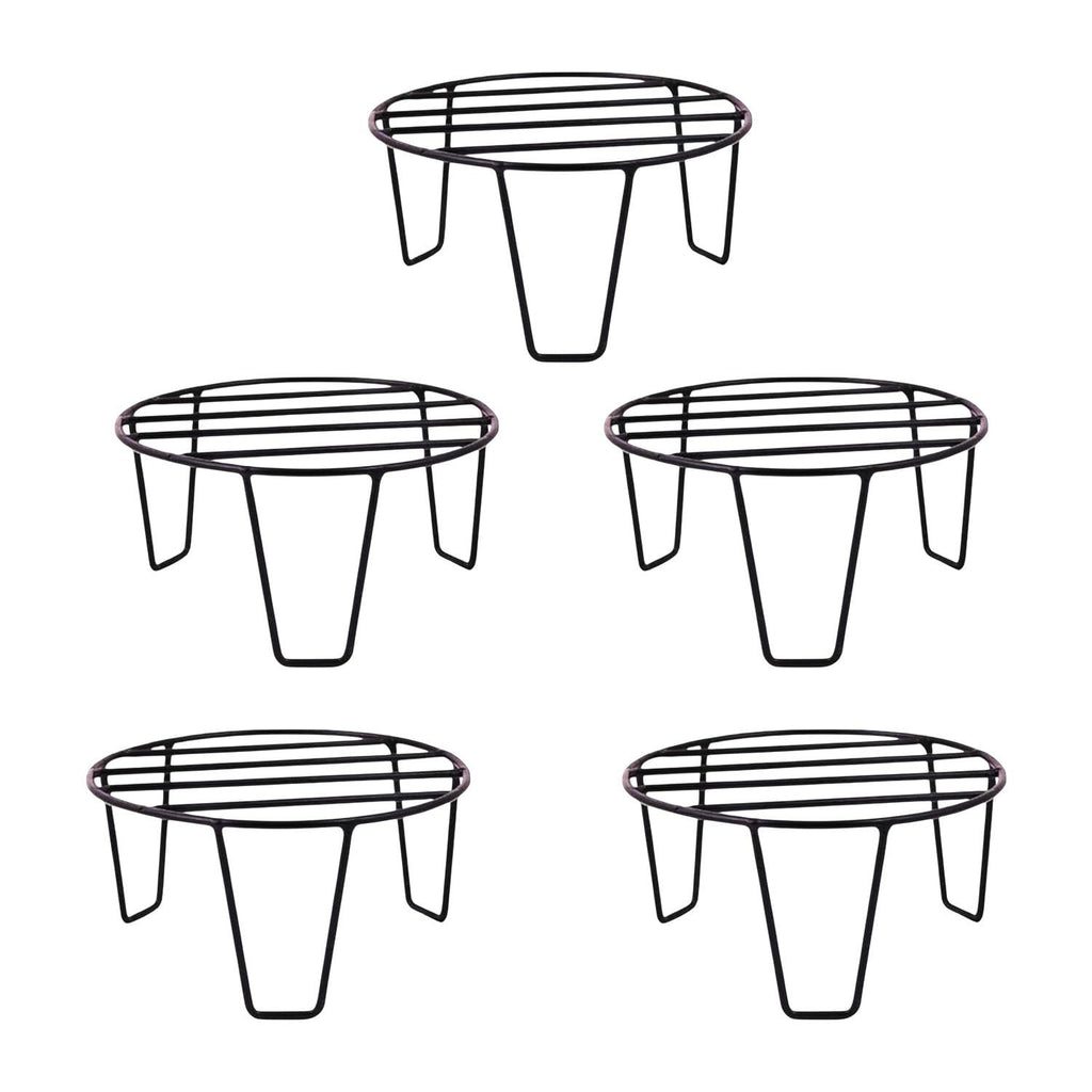 Go Hooked black metal round plant pot stands, pack of 5, for indoor and outdoor use.