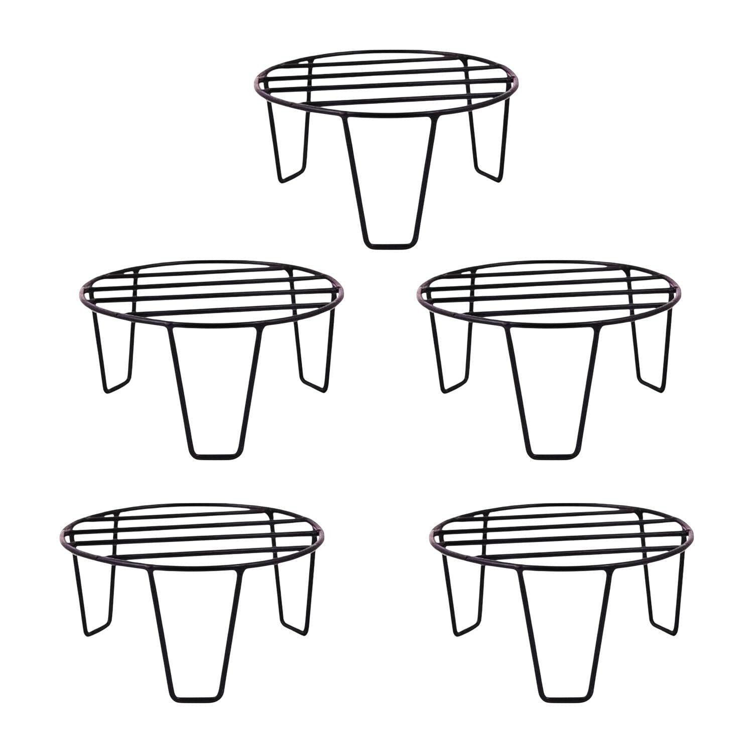 Go Hooked black metal round plant pot stands, pack of 5, for indoor and outdoor use.