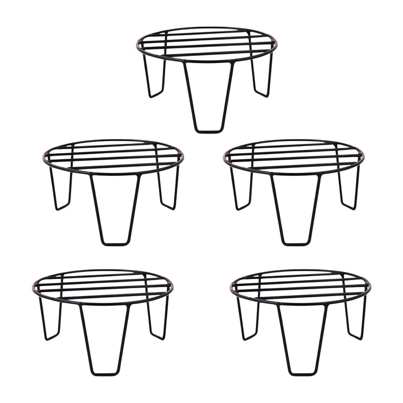 Go Hooked black metal round plant pot stands, pack of 5, for indoor and outdoor use.