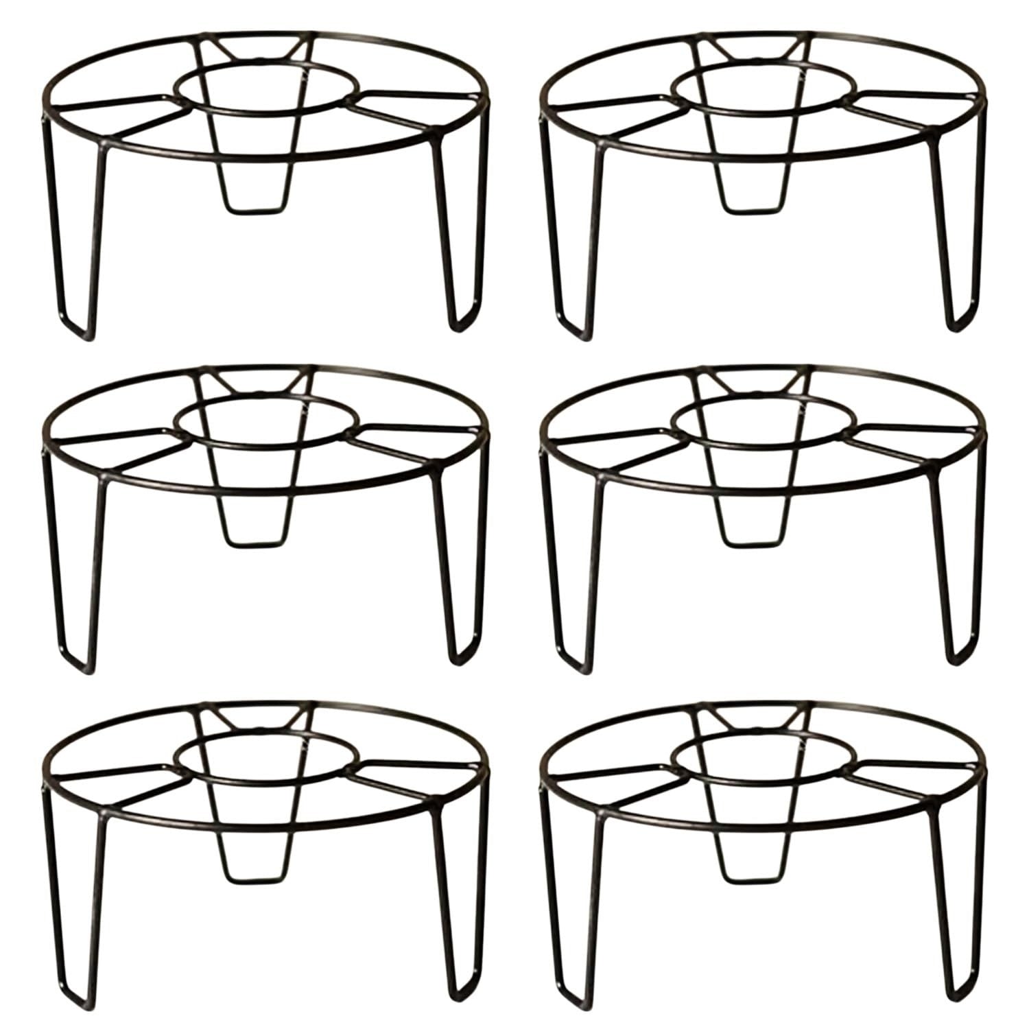 GoHooked pack of 6 black metal round plant stands with curved legs for indoor or outdoor use.
