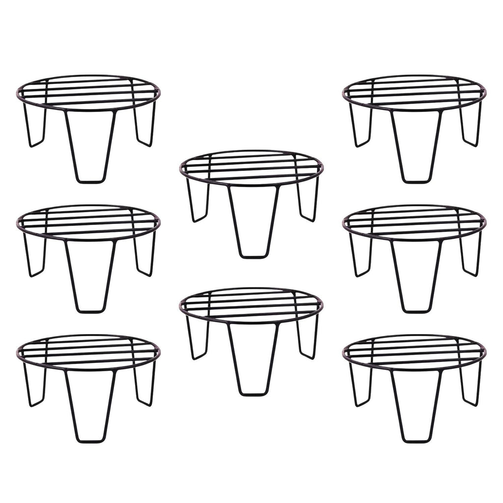 GoHooked black metal plant pot stands, pack of 8. Sturdy, rust-proof, no assembly required. 8-inch diameter, 4-inch height.