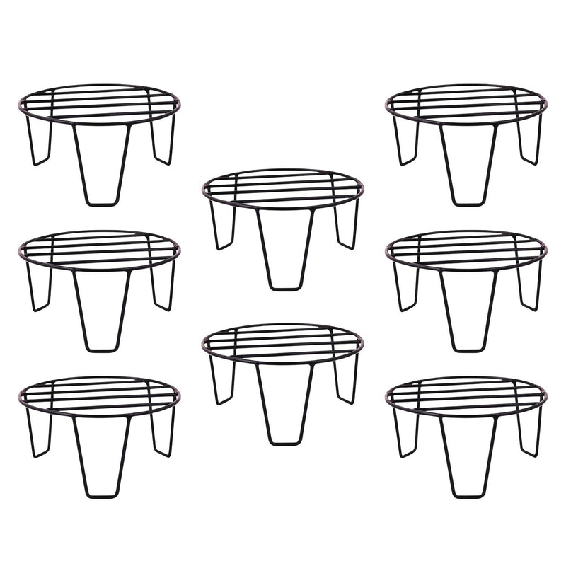 GoHooked black metal plant pot stands, pack of 8. Sturdy, rust-proof, no assembly required. 8-inch diameter, 4-inch height.
