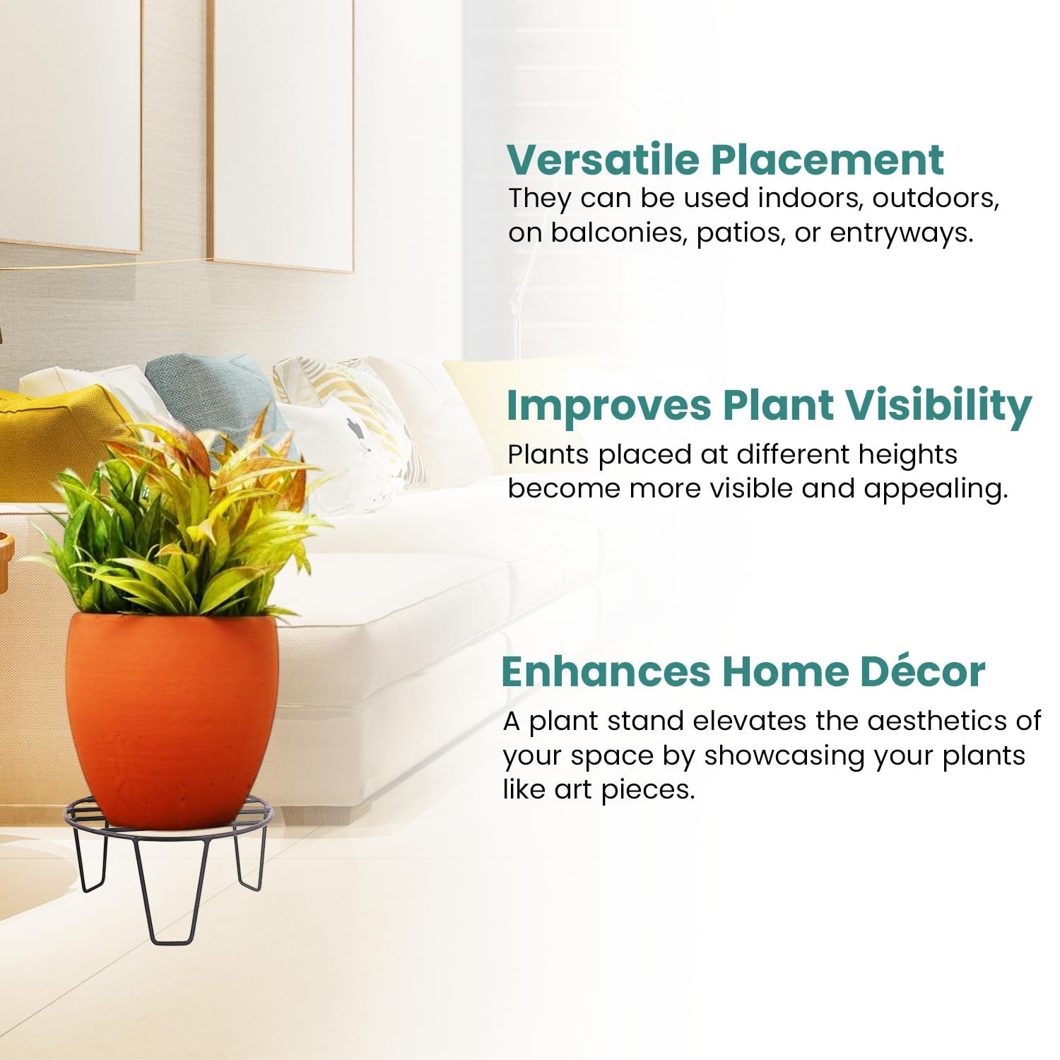 GoHooked black metal plant pot stand with an orange pot and green plant, perfect for indoor or outdoor use.