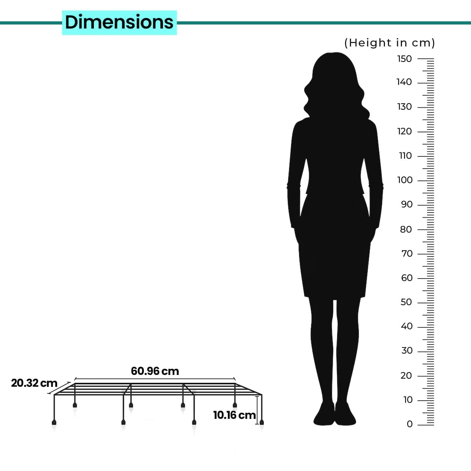 GoHooked black metal rectangular plant stand, 24 inches, for indoor/outdoor use. Shows dimensions and scale against a silhouette.