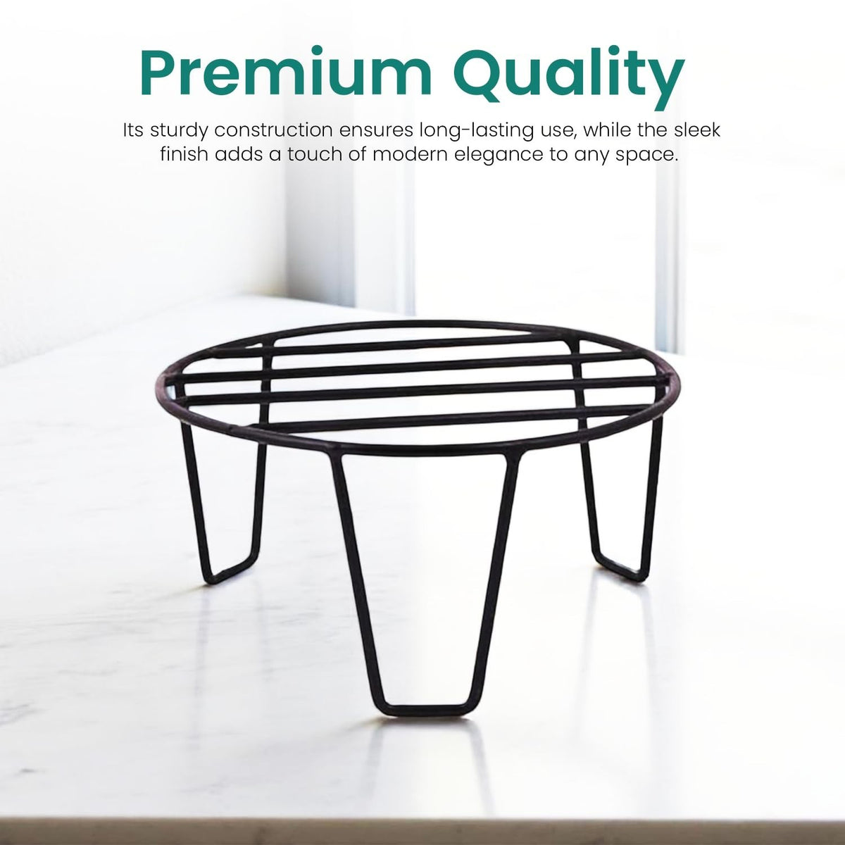 GoHooked black metal round plant stand with curved legs, 8-inch diameter, suitable for indoor or outdoor use.