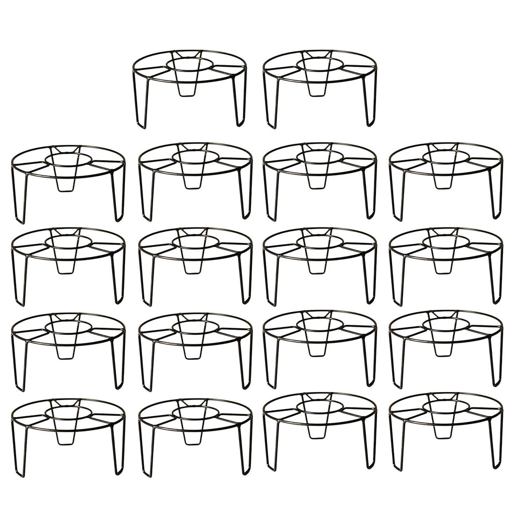 Go Hooked pack of 18 black metal round plant stands with curved legs, 8" diameter, 4" height, 50kg capacity.