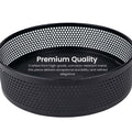 Go Hooked black metal revolving fruit basket with a perforated mesh design and raised edge. Modern lazy Susan organizer.