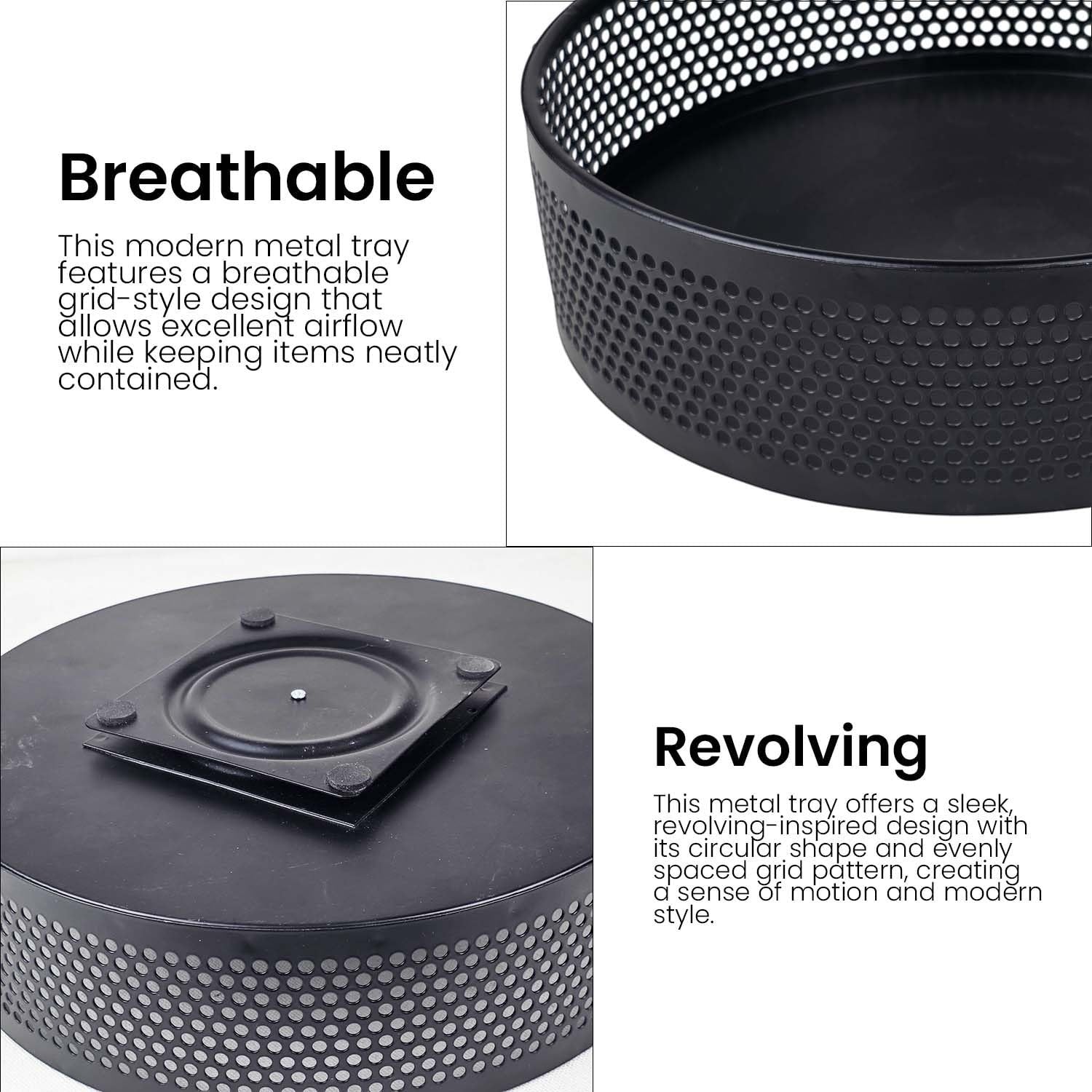 GoHooked black metal revolving fruit basket with breathable mesh design and 360-degree rotation.