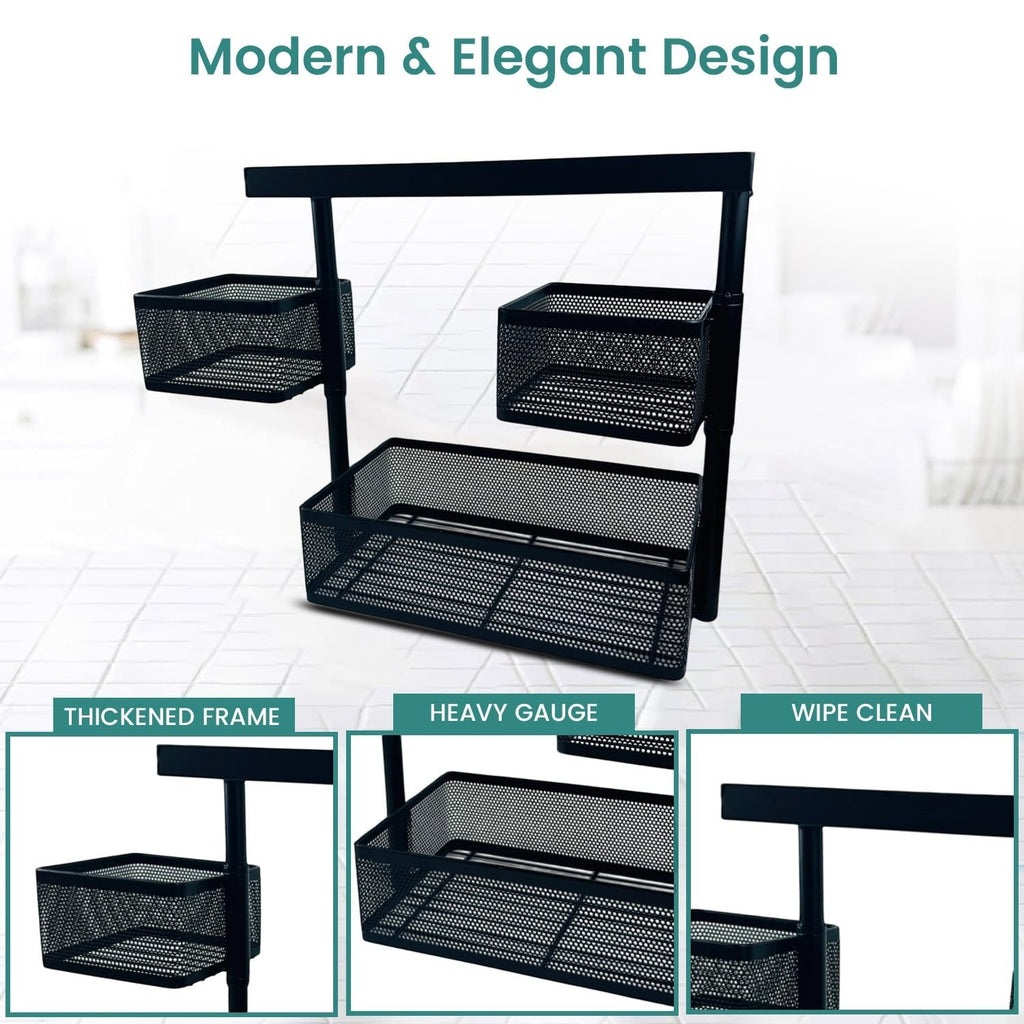 GoHooked black metal 3-tier rotating storage rack with perforated baskets for cosmetics, toiletries, and office accessories.