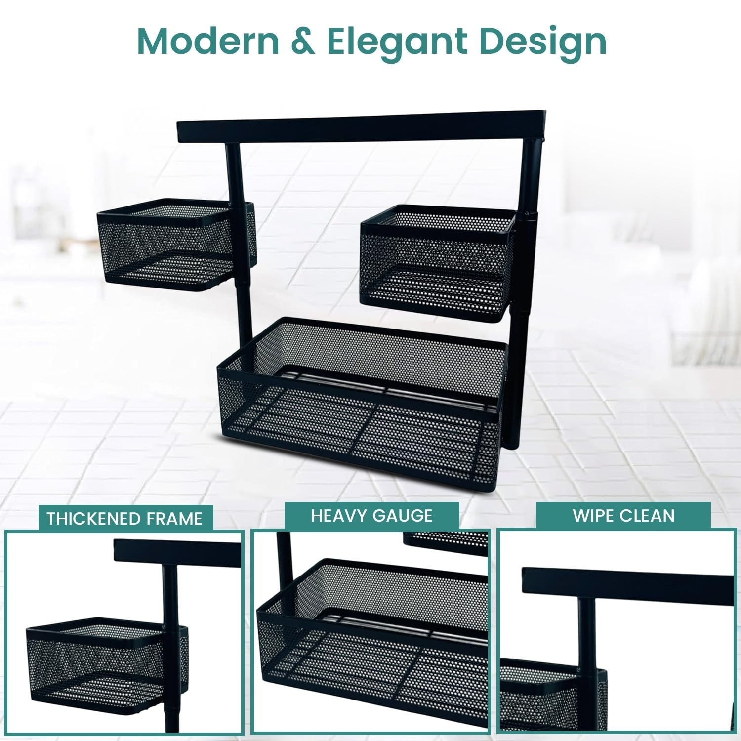 GoHooked black metal 3-tier rotating storage rack with perforated baskets for cosmetics, toiletries, and office accessories.