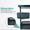 GoHooked black metal 3-tier rotating storage rack with perforated baskets for cosmetics and toiletries.