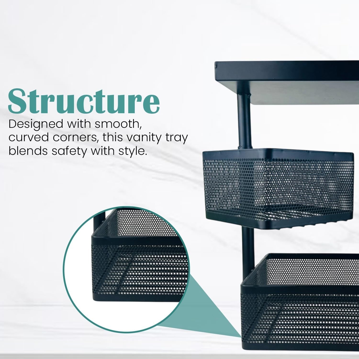 GoHooked black metal 3-tier rotating storage rack with perforated baskets for cosmetics and toiletries.