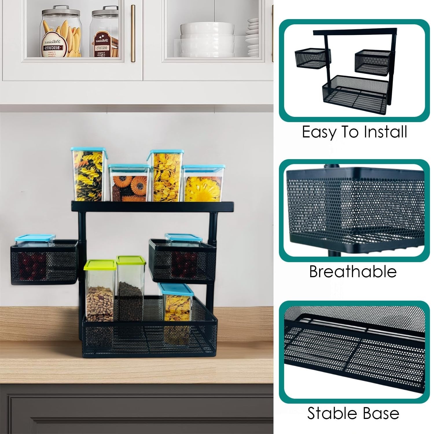 GoHooked black metal 3-tier rotating storage rack with perforated baskets for cosmetics, toiletries, and accessories.