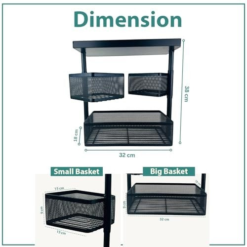 GoHooked black metal 3-tier rotating storage rack with perforated baskets for cosmetics and toiletries. Dimensions: 32x18x38 cm.