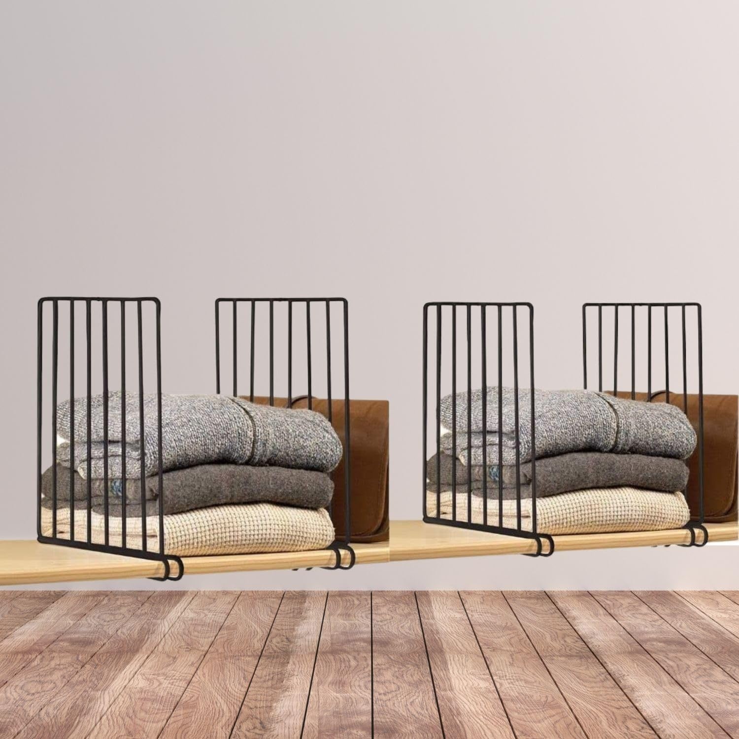 GoHooked black metal wire shelf dividers organize folded clothes and handbags on a wooden shelf. Set of 2.