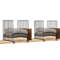 Go Hooked black metal shelf dividers organizing stacks of sweaters and fabric on a wooden shelf.
