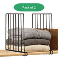GoHooked black metal shelf dividers, pack of 2, organizing folded sweaters and a purse on a wooden shelf.