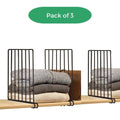 Go Hooked black metal shelf dividers organize folded sweaters and bags on a wooden shelf. Pack of 3.