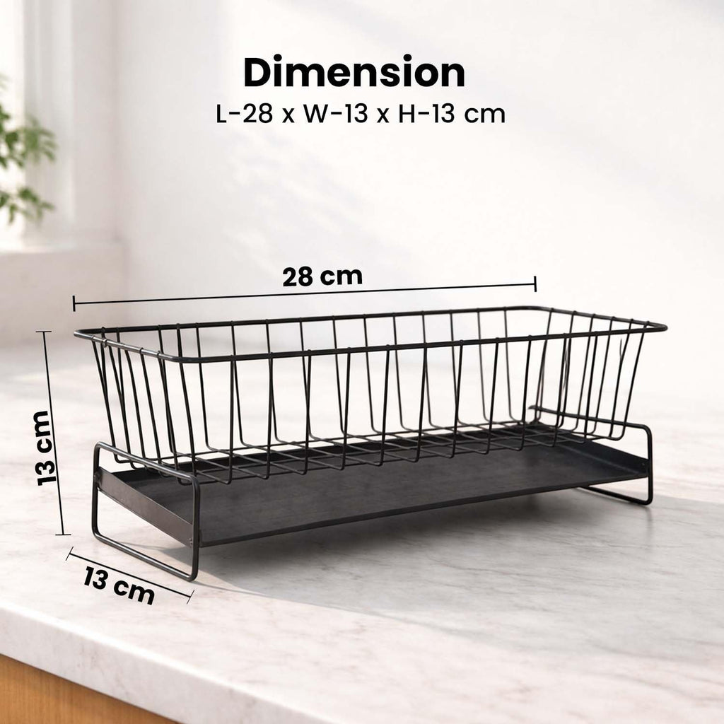 GoHooked black metal sink organizer with auto-drain design, 28cm wide, for dish soap, sponges, and brushes.