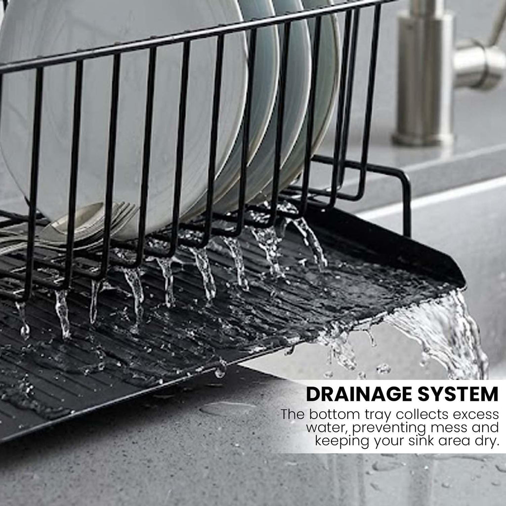 GoHooked black metal sink organizer with auto drain design holding plates and cutlery.