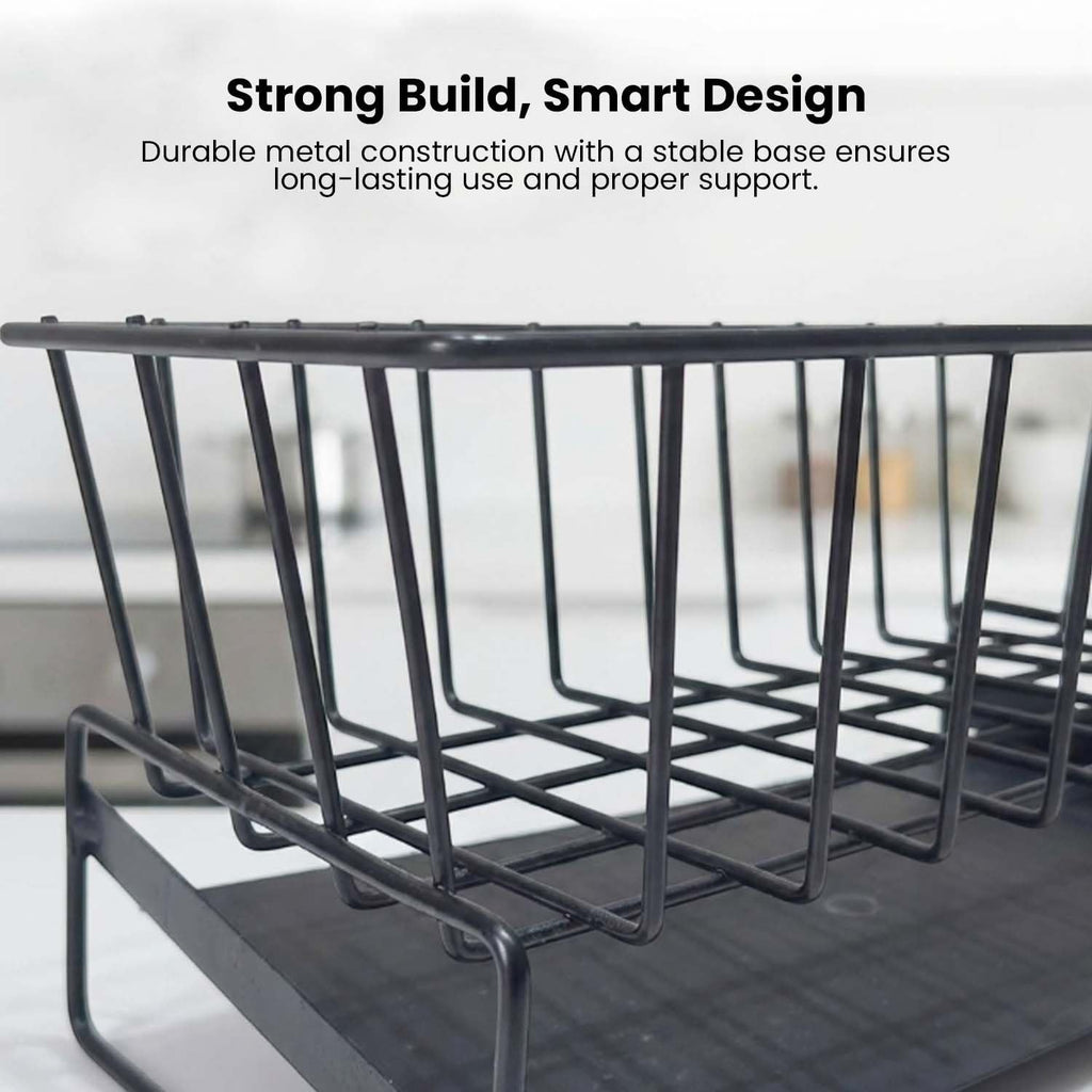 Go Hooked black metal sink organizer with auto drain design for sponges and dish soap.
