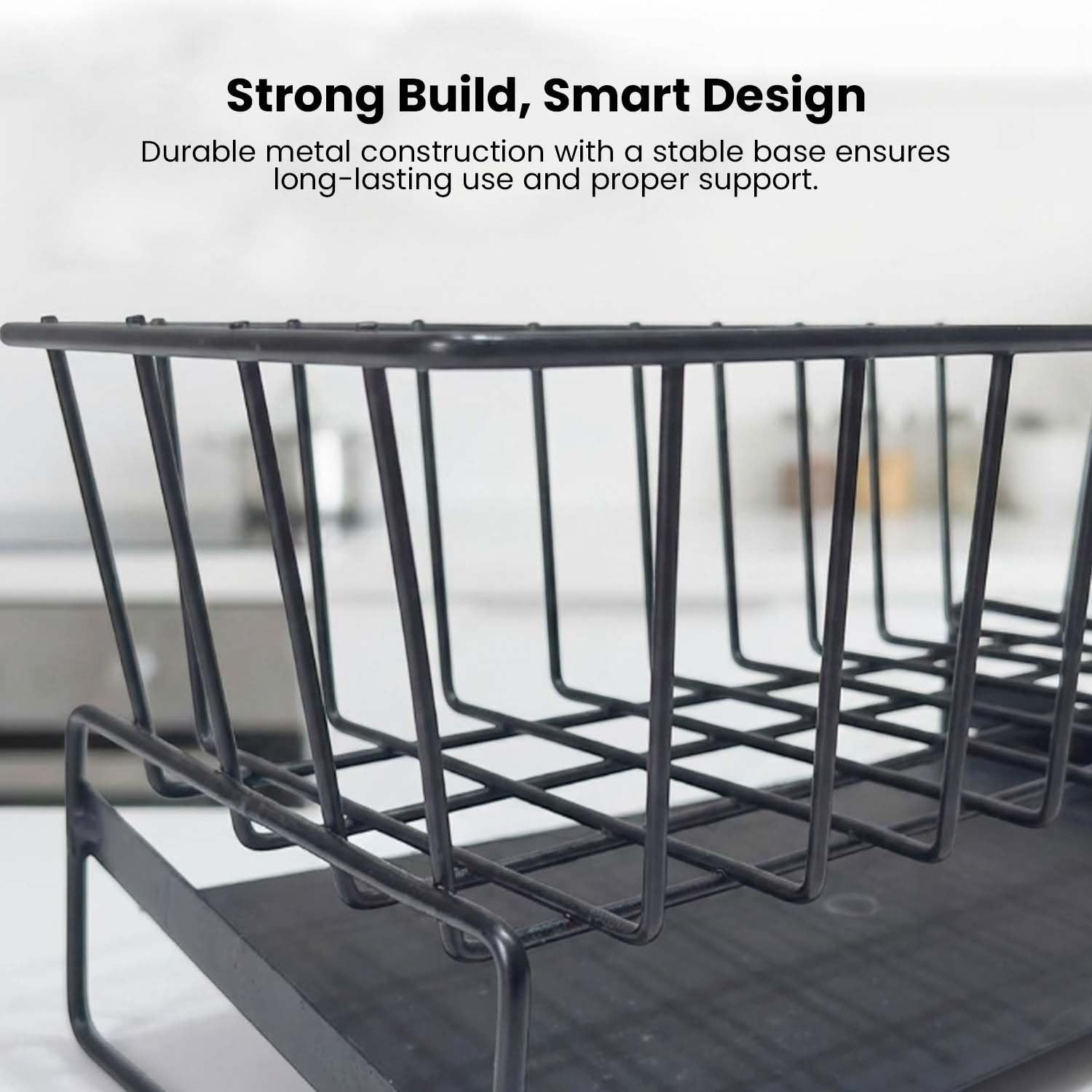Go Hooked black metal sink organizer with auto drain design for sponges and dish soap.
