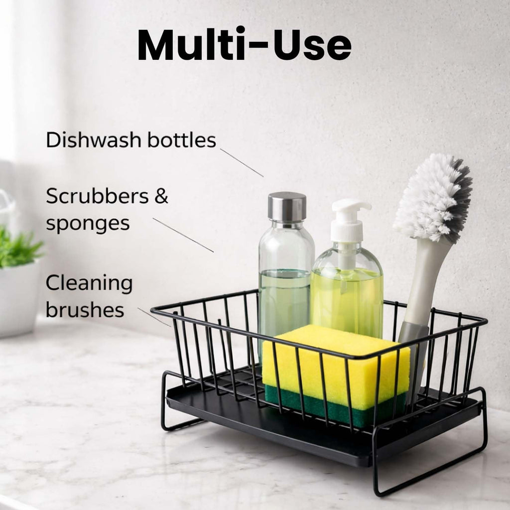 GoHooked black metal sink organizer with auto-drain design holding dish soap, sponge, and cleaning brush.