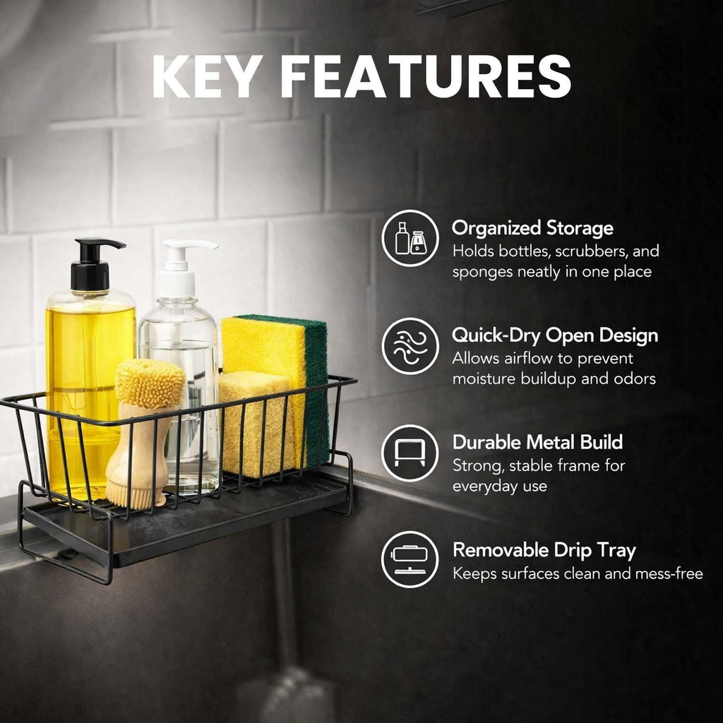 GoHooked black metal sink organizer with auto-drain design holding dish soap, sponges, and a brush.