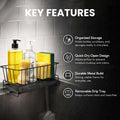 GoHooked black metal sink organizer with auto-drain design holding dish soap, sponges, and a brush.