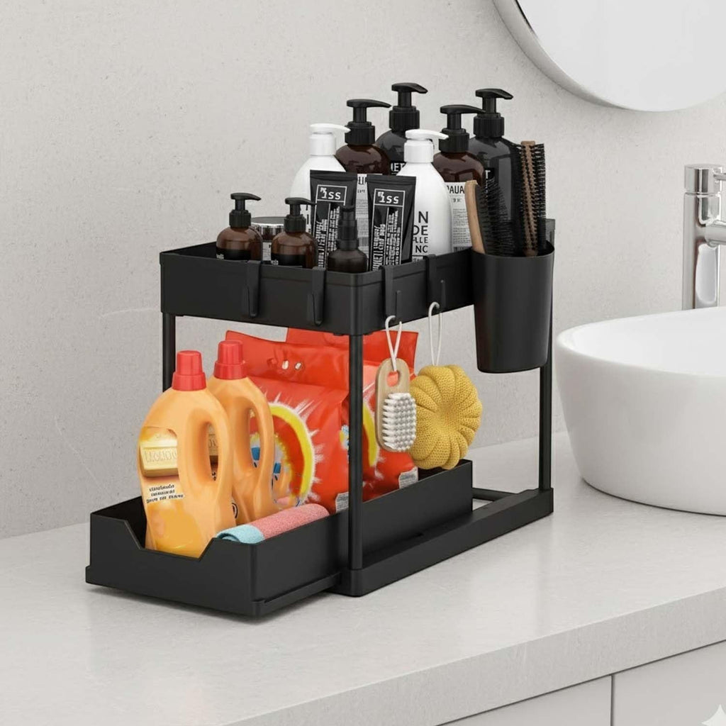 GoHooked black metal 2-tier sliding sink organizer with detergent, brushes, and bottles.