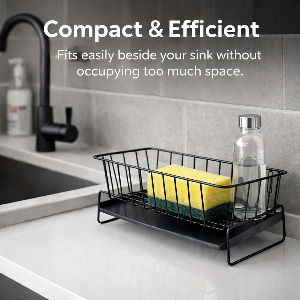 GoHooked black metal sink organizer with auto drain, holding a yellow sponge and a glass bottle.