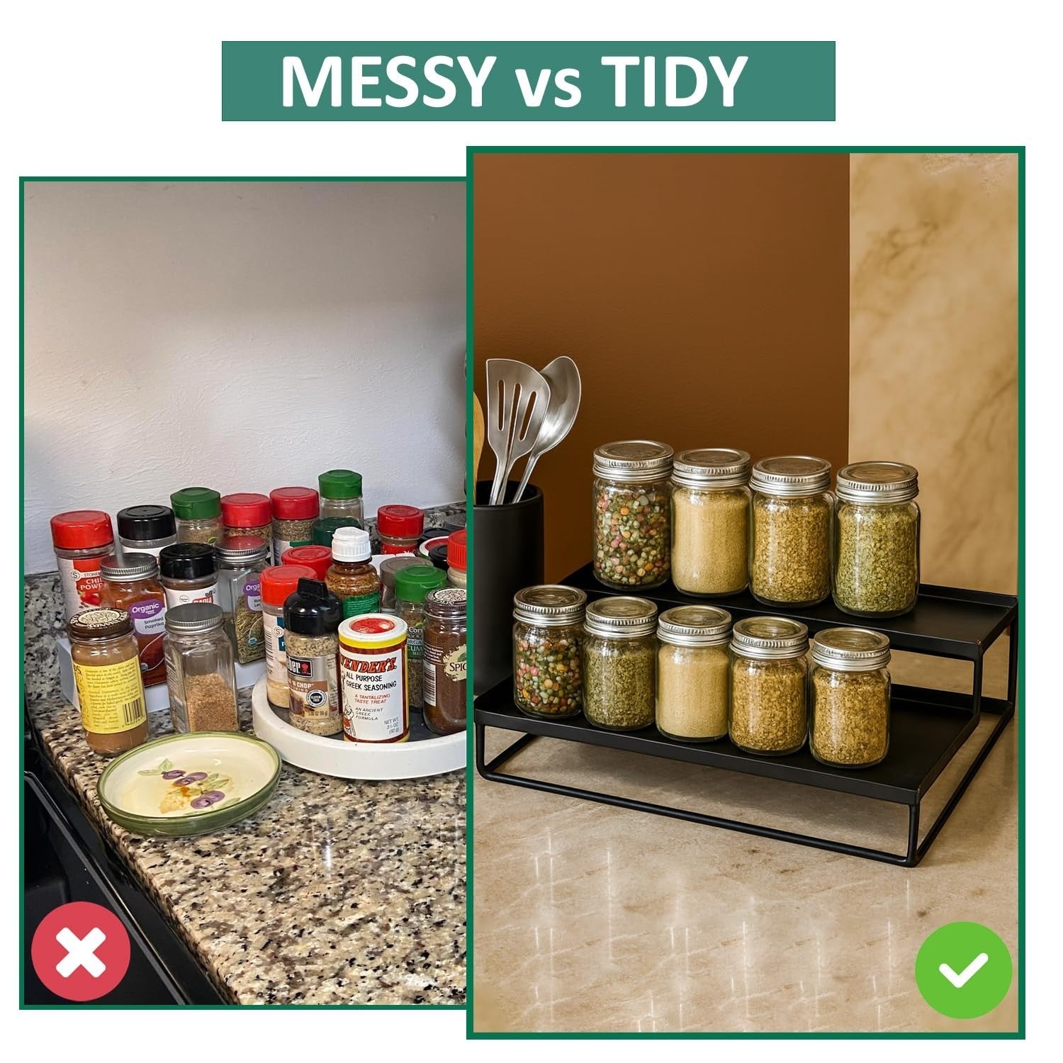 GoHooked black metal 2-tier standing rack organizer displaying jars of spices and seasonings.
