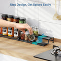 Go Hooked black metal 2-tier expandable spice rack organizer with guardrails on a wooden countertop.