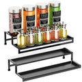 GoHooked black metal 2-tier expandable spice rack organizer with guardrails and silicone feet. Holds spice jars and bottles.