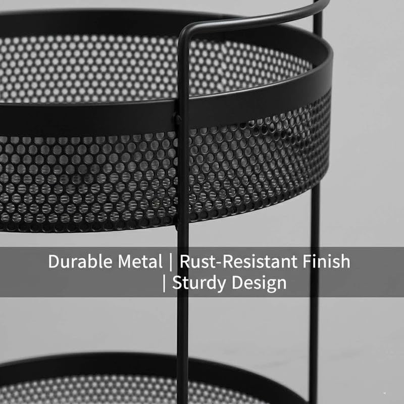 Go Hooked black metal 2-tier round basket with mesh design for countertop storage. Durable and rust-resistant.