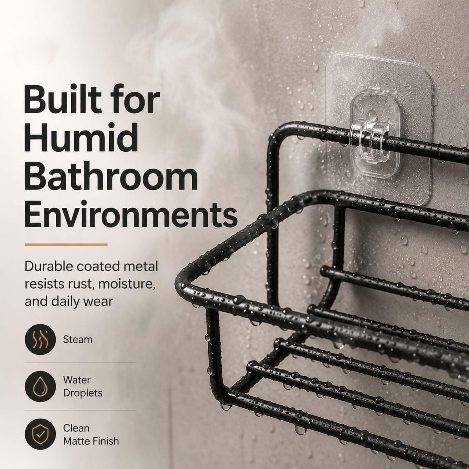 GoHooked black metal wall mounted storage basket with adhesive hooks, rust-resistant for bathrooms.