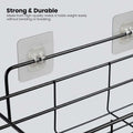 GoHooked black metal wall mounted storage basket with adhesive hooks, 32cm, rust-resistant organizer rack.